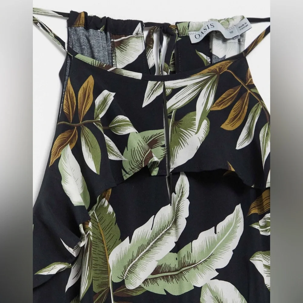 Oasis Jumpsuit Women Palm Print Black‎ Floral Wide Leg Vacay Preppy Halter Top